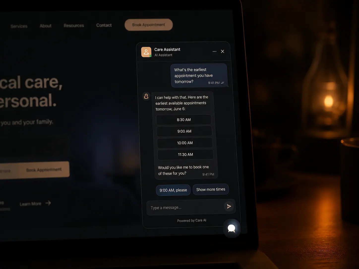 An AI concierge answering a customer question late at night on a website