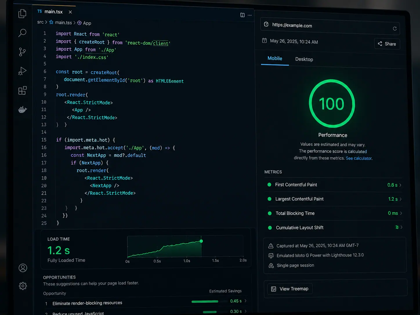 Code and a performance score showing a sub-two-second load time